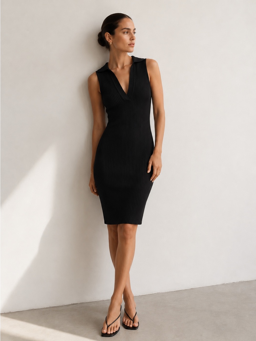 Caara X Few Moda Black Ribbed Split Neck Collar Sleeveless Knee Length Dress